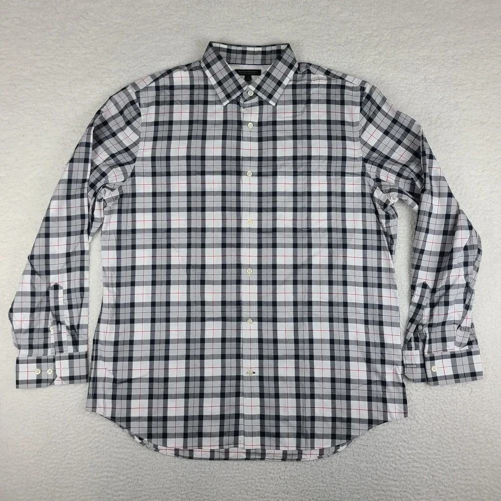 Banana Republic Shirt Mens XL Black Gray White‎ Plaid Non Iron Dress Button Up